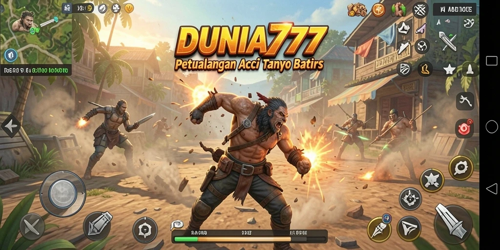 Screenshot utama DUNIA777 menampilkan aksi seru dalam pertempuran.
