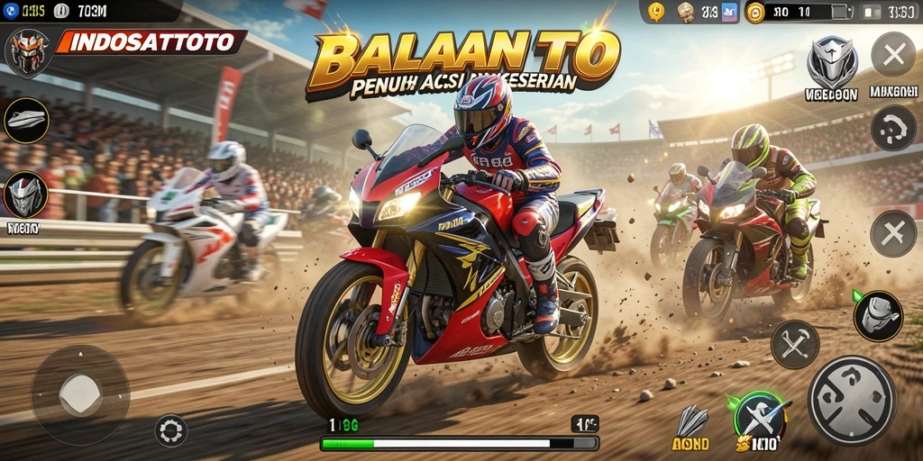 Gameplay INDOSATTOTO menampilkan aksi balapan motor yang mendebarkan.