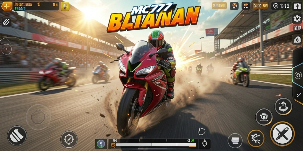 Gameplay seru MC777 dengan aksi balapan motor mendebarkan.