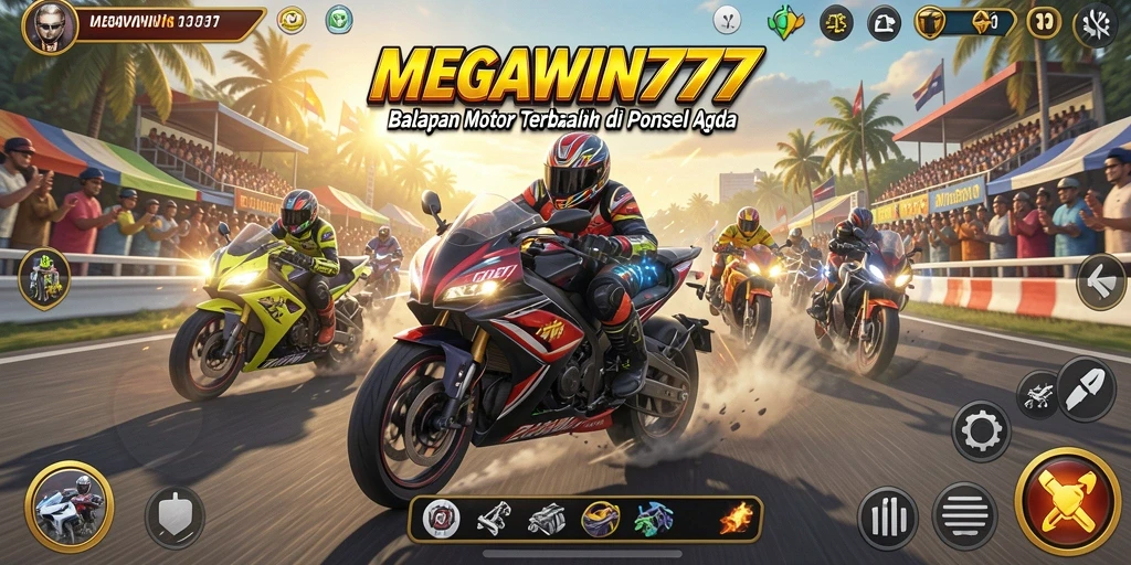 Tangkapan layar gameplay <strong>MEGAWIN777</strong> menunjukkan balapan motor yang cepat dan mendebarkan.
